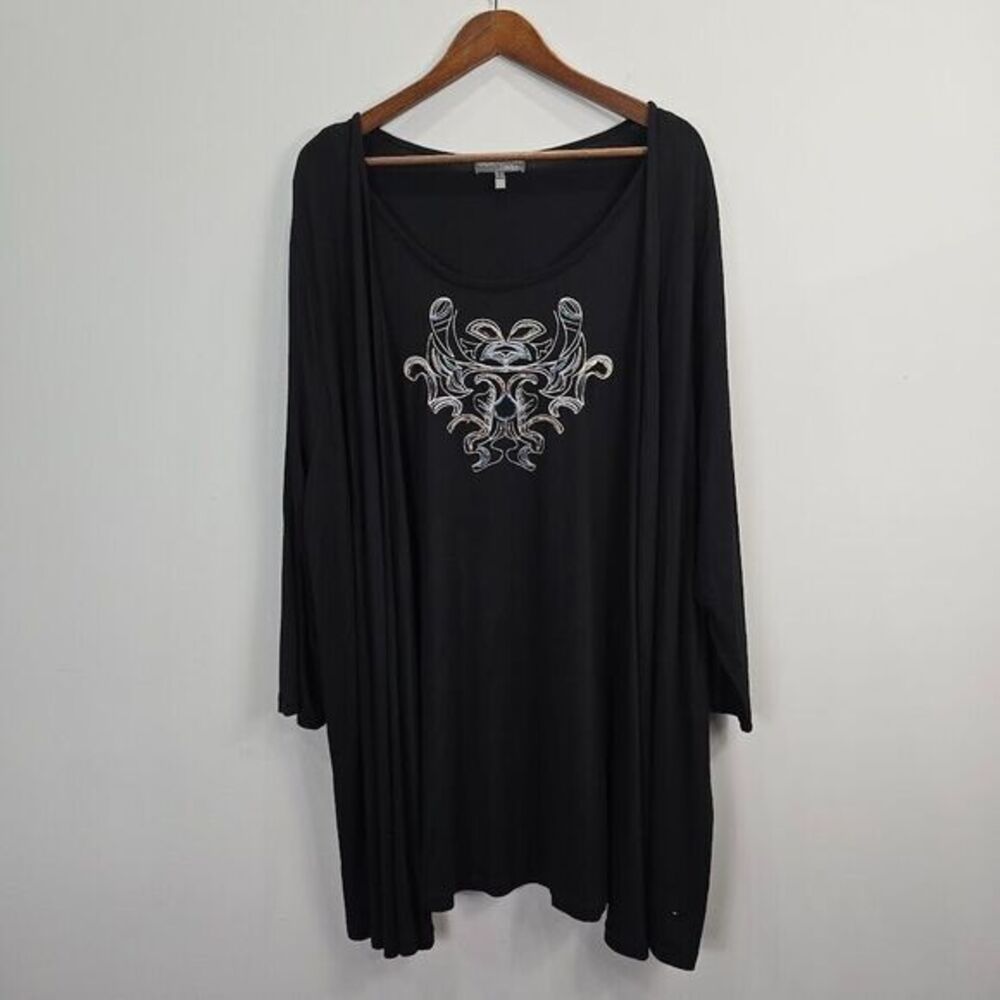 Selection‎ by Ulla Popken Top Tunic 24/26 Black Faux Twin Set Embroidered Beaded